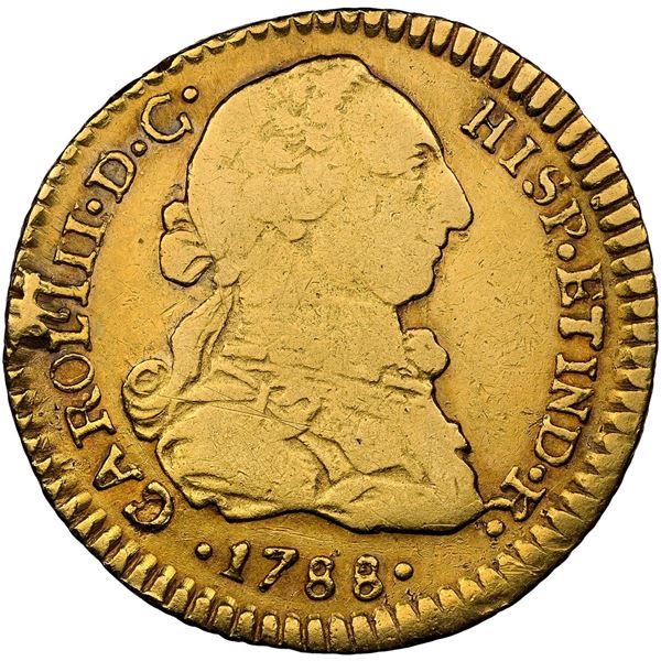 CHILE, Santiago, gold bust 1 escudo, Charles III, 1788 DA, very rare, NGC VF 30, finest and only exa