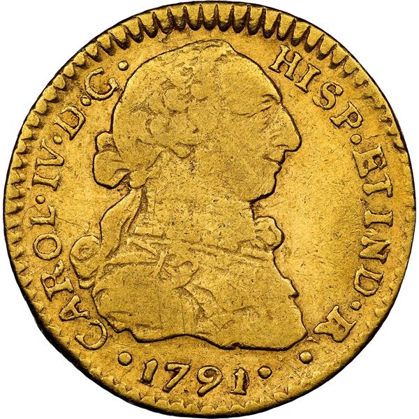 CHILE, Santiago, gold bust 1 escudo, Charles IV transitional (bust of Charles III, ordinal IV), 1791