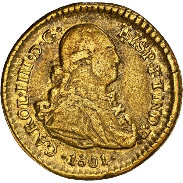 CHILE, Santiago, gold bust 1 escudo, Charles IV, 1801 AJ, extremely rare, NGC VF 30, finest and only