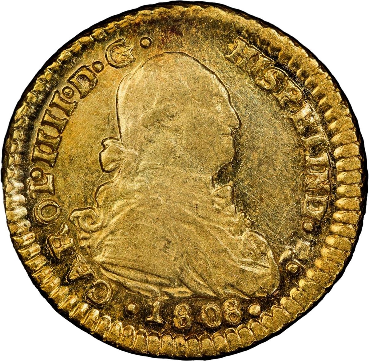 Sedwick Auction 40 Lot 872, Chile, Santiago gold bust 1 escudo, Charles IV, 1808 FJ