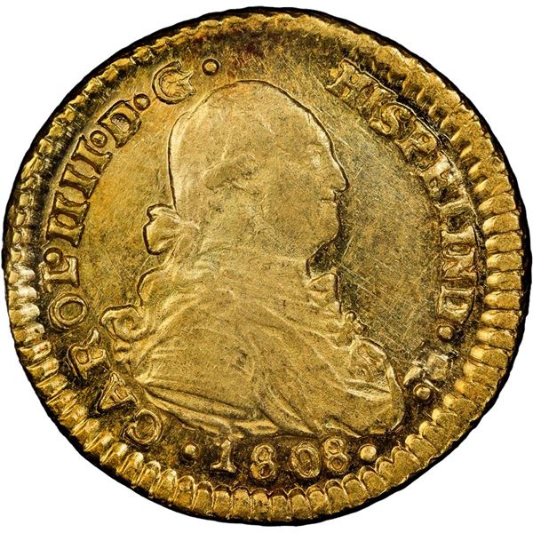 CHILE, Santiago, gold bust 1 escudo, Charles IV, 1808 FJ, rare, PCGS AU55, finest known in PCGS cens