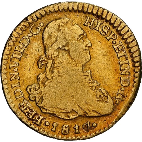 CHILE, Santiago, gold bust 1 escudo, Ferdinand VII (bust of Charles IV), 1817 FJ, NGC VF details / c