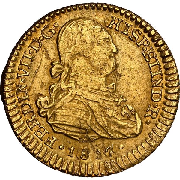 CHILE, Santiago, gold bust 1 escudo, Ferdinand VII (bust of Charles IV), 1817 JF, mintmark and assay