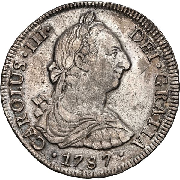 CHILE, Santiago, bust 8 reales, Charles III, 1787 DA, rare, NGC XF details / spot removals (Colecció