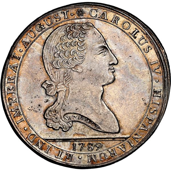 CHILE, Santiago, 8 reales-sized proclamation medal, Charles IV, 1789, for the City of Santiago, by N
