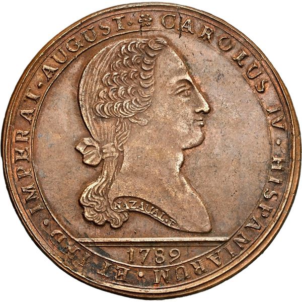 CHILE, Santiago, bronze 8 reales-sized proclamation medal, Charles IV, 1789, for Los Indios Araucano