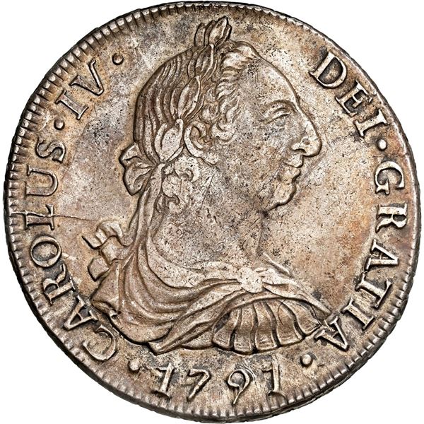 CHILE, Santiago, bust 8 reales, Charles IV transitional (bust of Charles III, ordinal IV), 1791 DA, 
