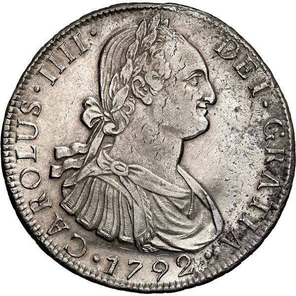 CHILE, Santiago, bust 8 reales, Charles IV, 1792 DA, rare, NGC AU details / cleaned (Colección Val y