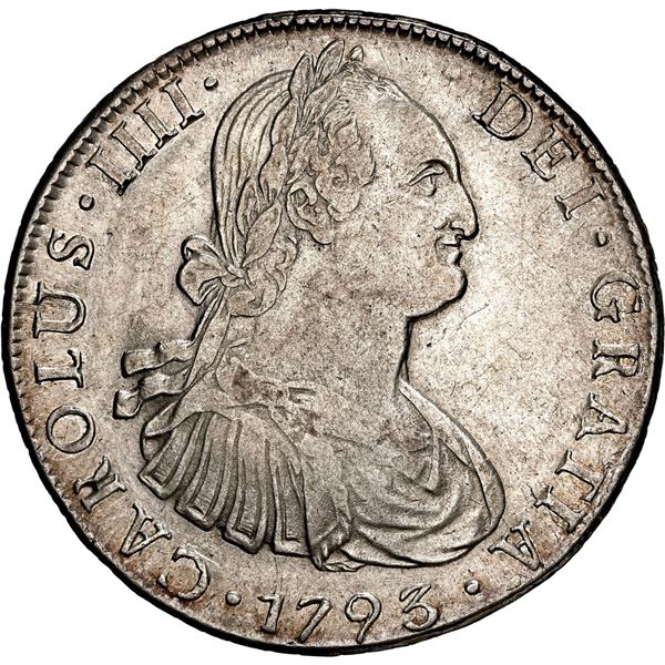 CHILE, Santiago, bust 8 reales, Charles IV, 1793 DA, NGC AU 50 (Colección Val y Mexía Label).