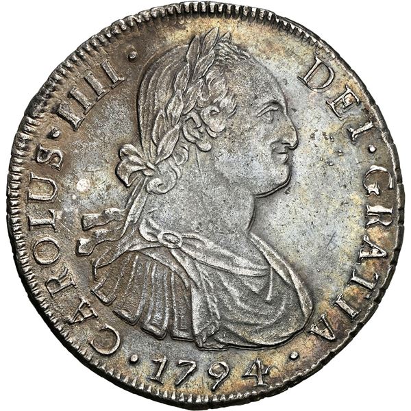 CHILE, Santiago, bust 8 reales, Charles IV, 1794 DA, NGC AU details / environmental damage (Colecció
