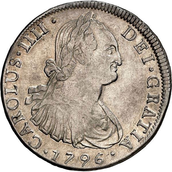 CHILE, Santiago, bust 8 reales, Charles IV, 1796/5 DA, NGC AU 53 (Colección Val y Mexía Label).