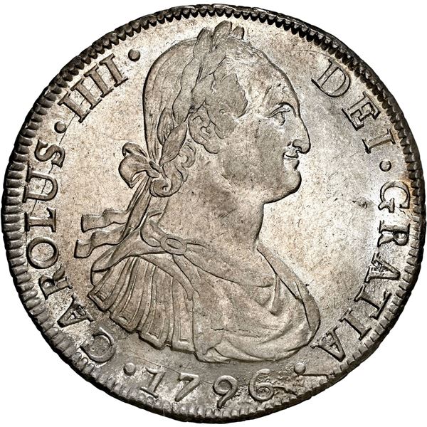 CHILE, Santiago, bust 8 reales, Charles IV, 1796 DA, NGC AU 55 (Colección Val y Mexía Label).