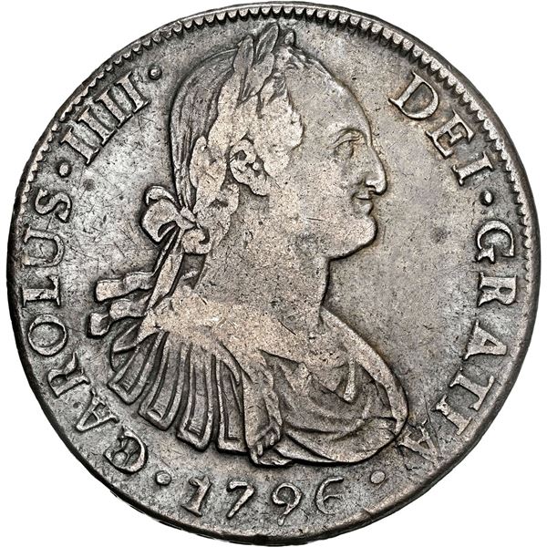 CHILE, Santiago, bust 8 reales, Charles IV, 1796 DA, C/R in CAROLUS, rare, NGC VF 35 (Colección Val 