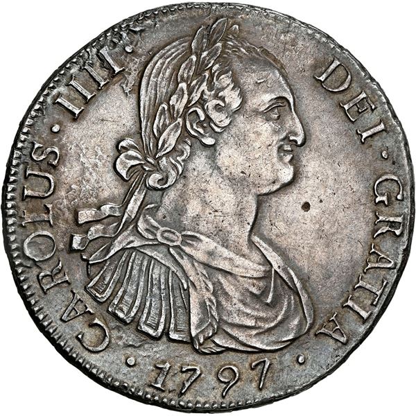 CHILE, Santiago, bust 8 reales, Charles IV, 1797 DA, NGC XF 45 (Colección Val y Mexía Label).