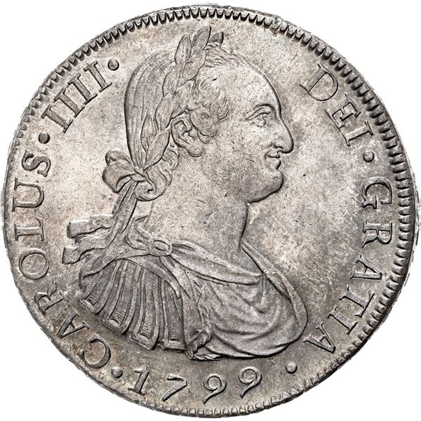 CHILE, Santiago, bust 8 reales, Charles IV, 1799 DA, NGC AU 58, "top pop."