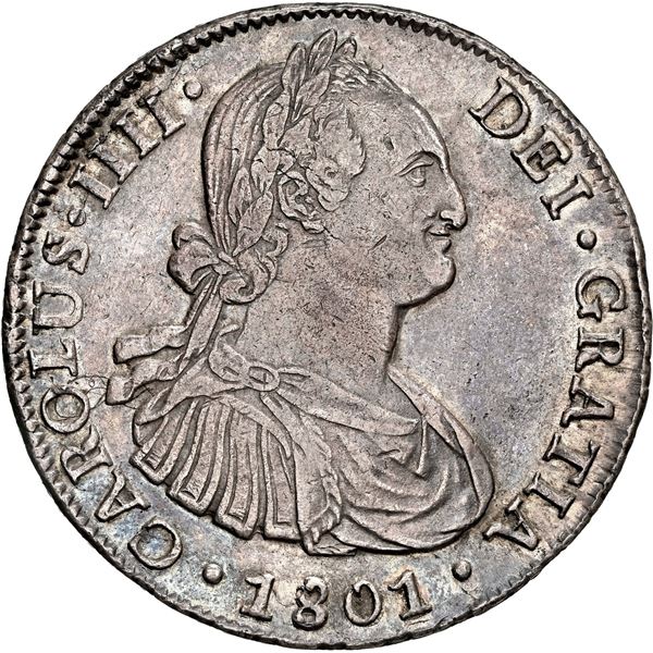 CHILE, Santiago, bust 8 reales, Charles IV, 1801 AJ, NGC AU 55 (Colección Val y Mexía Label).
