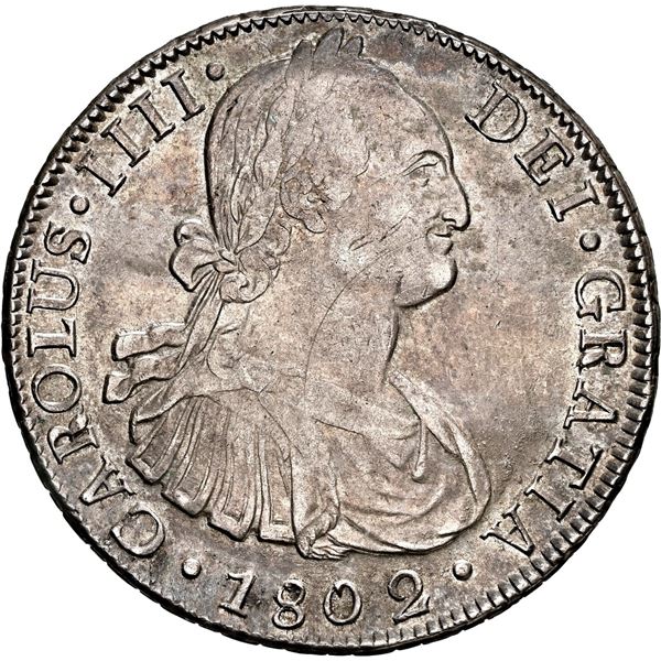 CHILE, Santiago, bust 8 reales, Charles IV, 1802 JJ, NGC AU 58 (Colección Val y Mexía Label).