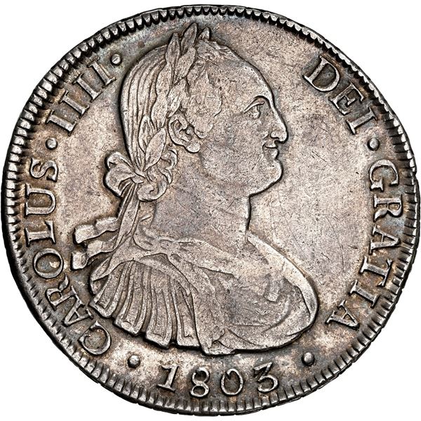 CHILE, Santiago, bust 8 reales, Charles IV, 1803 FJ/JJ, NGC XF 45 (Colección Val y Mexía Label).