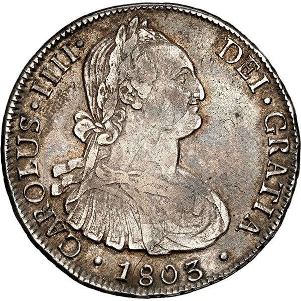 CHILE, Santiago, bust 8 reales, Charles IV, 1803 FJ/JJ, NGC XF 40 (Colección Val y Mexía Label).