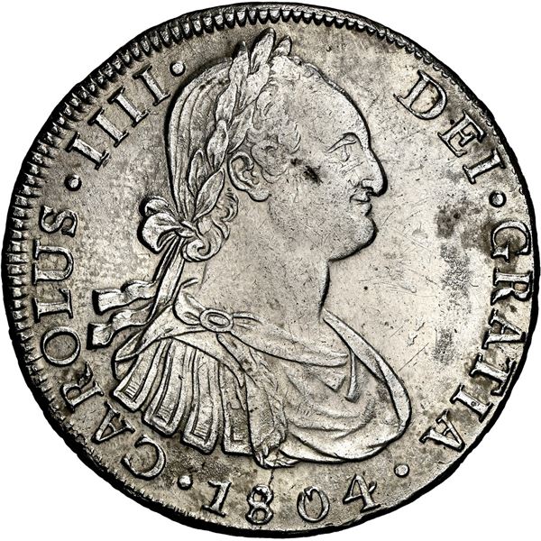 CHILE, Santiago, bust 8 reales, Charles IV, 1804/3 FJ, NGC AU details / cleaned (Colección Val y Mex
