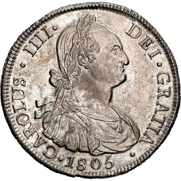 CHILE, Santiago, bust 8 reales, Charles IV, 1805 FJ, NGC AU 58 (Colección Val y Mexía Label).