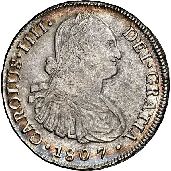 CHILE, Santiago, bust 8 reales, Charles IV, 1807 FJ, NGC AU 58 (Colección Val y Mexía Label), "top p