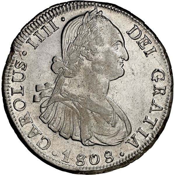 CHILE, Santiago, bust 8 reales, Charles IV, 1808 FJ, NGC AU 55 (Colección Val y Mexía Label).