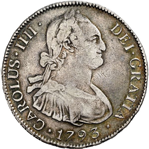 CHILE, Santiago, bust 4 reales, Charles IV, 1793 DA, NGC VF 30, finest known in NGC census.