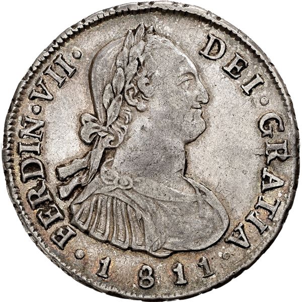 CHILE, Santiago, bust 4 reales, Ferdinand VII (bust of Charles IV), 1811 FJ, NGC XF details / cleane