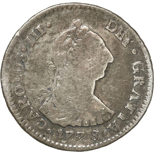 CHILE, Santiago, bust 1 real, Charles III, 1778/7 DA, rare, NGC F details / cleaned.