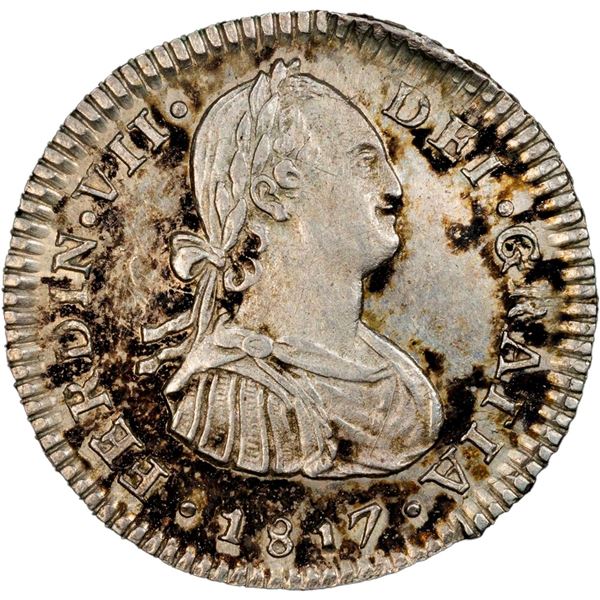 CHILE, Santiago, bust 1 real, Ferdinand VII (bust of Charles IV), 1817 FJ, PCGS AU details / cleaned