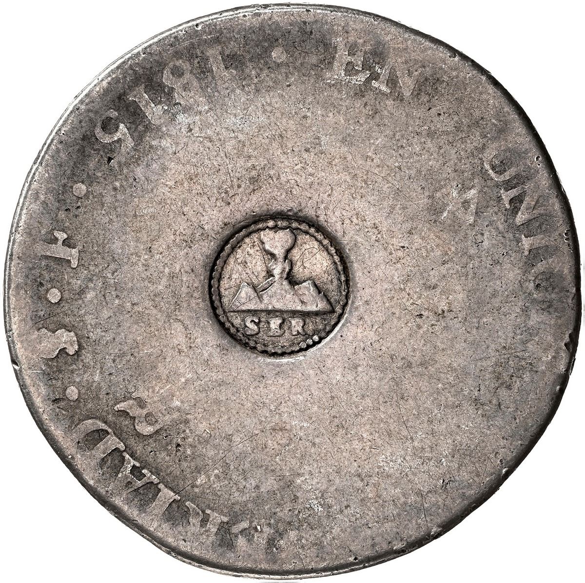 Sedwick Auction 40 Lot 916, Chile, La Serena countermarked 4 reales, 1833, on Argentina 1815 F host coin