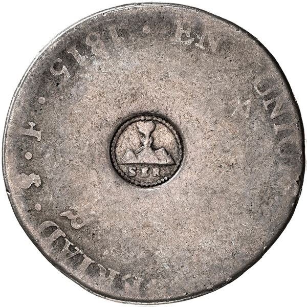 CHILE, La Serena, 4 reales, volcano-over-SER. countermark (1833) on an Argentina (Potosí) 4 reales,