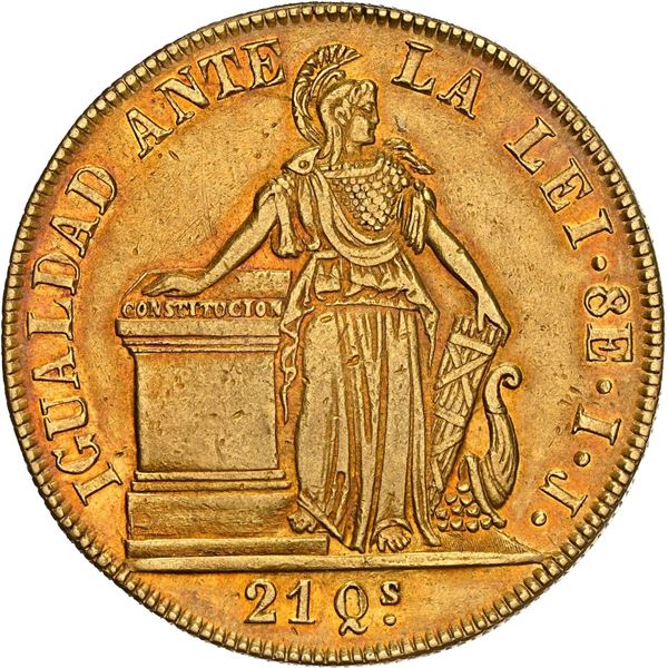 CHILE, Santiago, gold 8 escudos, 1843/2 IJ, reeded edge, NGC AU details / edge filing, ex-Norweb (st