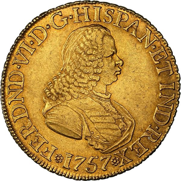 COLOMBIA, Bogotá, gold bust 8 escudos, Ferdinand VI, 1757 J, rare, NGC AU 58, "top pop."