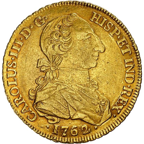 COLOMBIA, Bogotá, gold bust 8 escudos, Charles III ("rat nose" bust), 1762 JV (no dot), rare, NGC XF