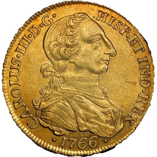COLOMBIA, Bogotá, gold bust 8 escudos, Charles III ("rat nose" bust), 1766 JV, rare, PCGS AU58, fine