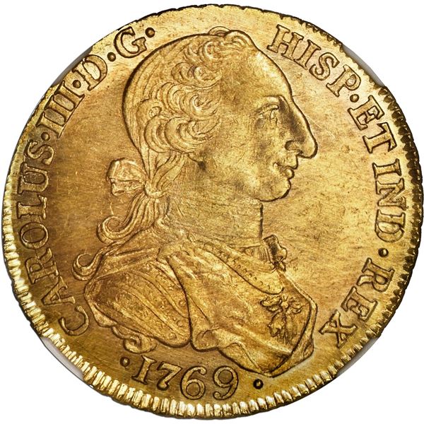 COLOMBIA, Bogotá, gold bust 8 escudos, Charles III ("rat nose" bust), 1769 JV, extremely rare, NGC M