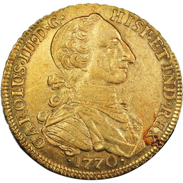 COLOMBIA, Bogotá, gold bust 8 escudos, Charles III ("rat nose" bust), 1770 VJ, rare, PCGS AU58, fine