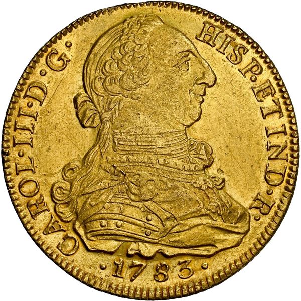 COLOMBIA, Popayán, gold bust 8 escudos, Charles III, 1783 SF, NGC UNC details / cleaned.