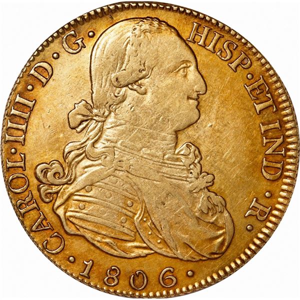 COLOMBIA, Popayán, gold bust 8 escudos, Charles IV, 1806 JF, NGC AU 53.