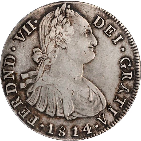 COLOMBIA, Popayán, bust 8 reales, Ferdinand VII (bust of Charles IV), 1814/3 JF, NGC VF details / cl