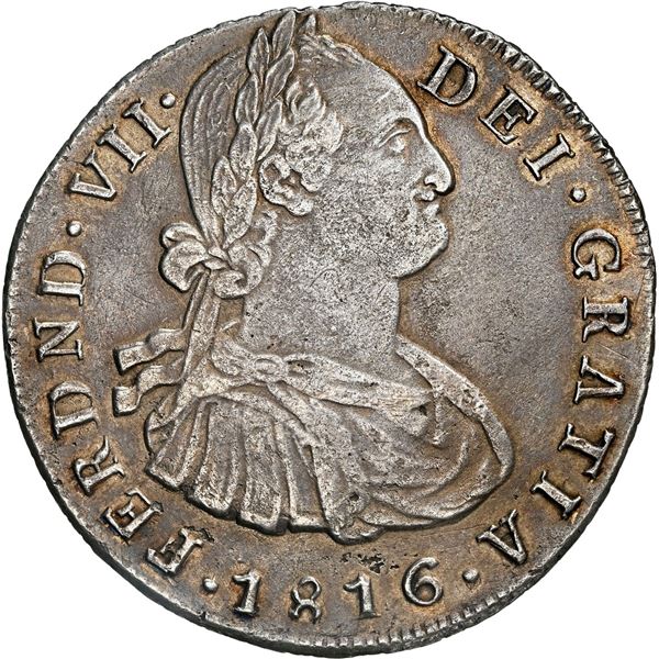 COLOMBIA, Popayán, bust 8 reales, Ferdinand VII (bust of Charles IV), 1816 F, rare, NGC XF details /