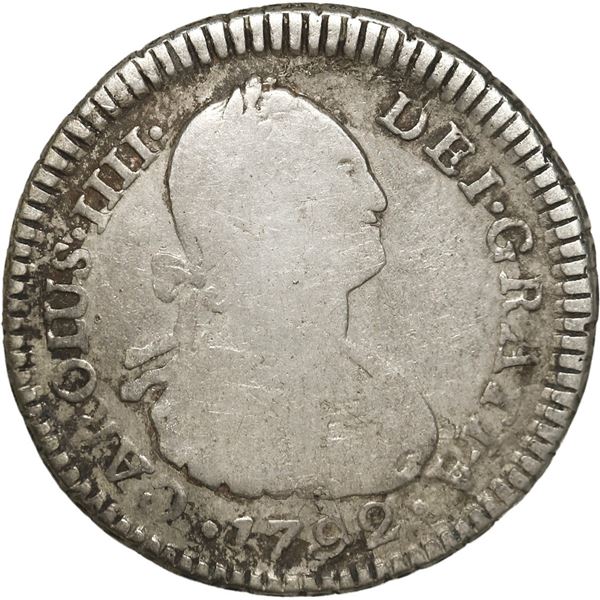 COLOMBIA, Bogotá, bust 1 real, Charles IV, 1792 J•J, no • in mintmark.