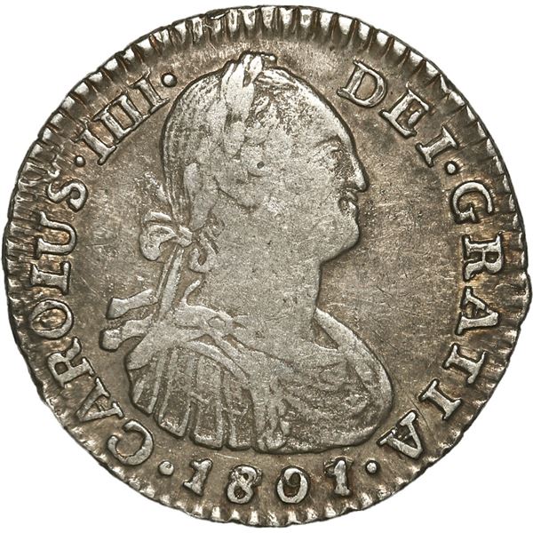 COLOMBIA, Bogotá, bust 1 real, Charles IV, 1801/797 J•J, no • in denomination, rar