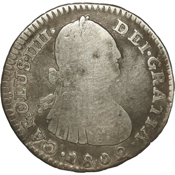COLOMBIA, Bogotá, bust 1 real, Charles IV, 1802 J•J, re-punched 2 in date, dot between ET a