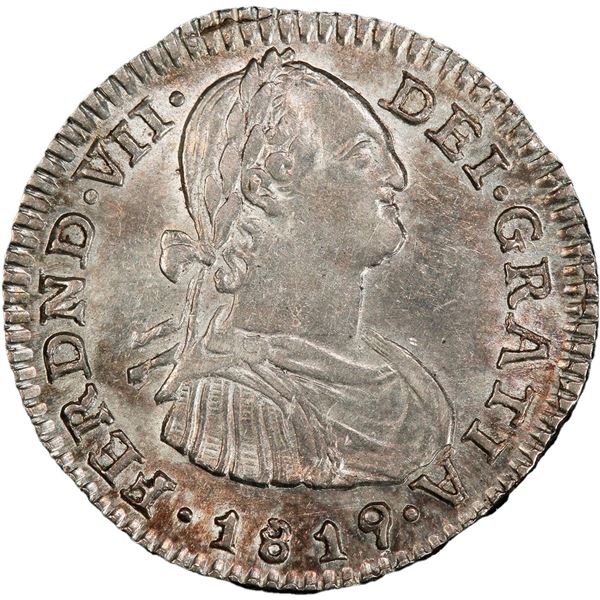 COLOMBIA, Bogotá, bust 1 real, Ferdinand VII (bust of Charles IV), 1819 FJ, inverted J, PCGS AU58, "