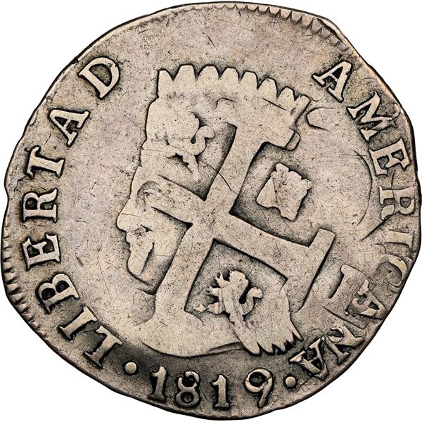 COLOMBIA, Bogotá (Cundinamarca), 2 reales, 1819 JF, struck over a Caracas, Venezuela, "imitation cob