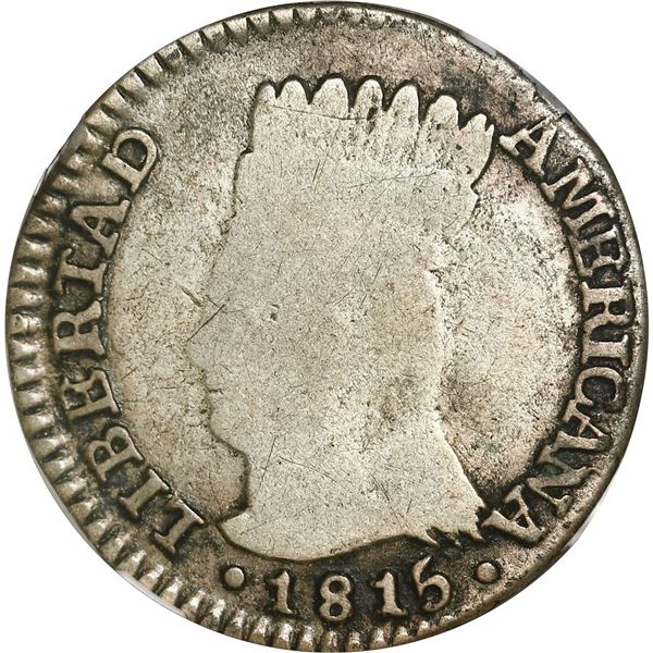 COLOMBIA, Bogotá (Cundinamarca), 1 real, 1815 JF, LIBERTAD AMERICANA, legend NVEBA, very rare, NGC F