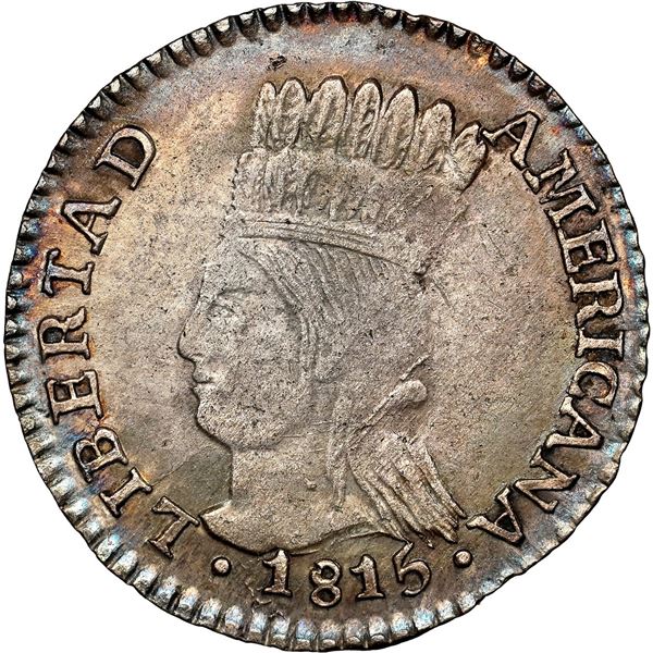 COLOMBIA, Bogotá (Cundinamarca), 1 real, 1815 JF, LIBERTAD AMERICANA, legend NUEVA, NGC AU 55, ex-El